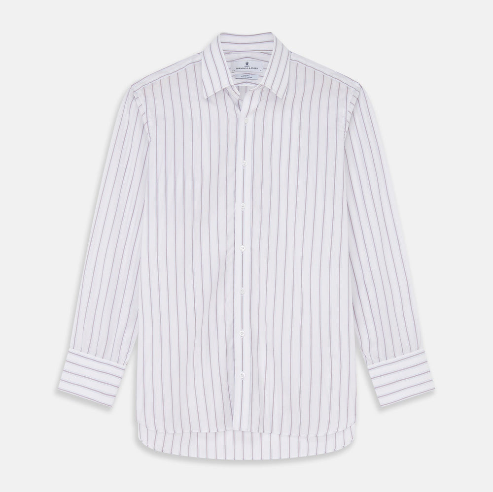 Close-up of NEW BESPOKE FABRIC 1329 34 by Turnbull & Asser: white fabric with vertical blue and red stripes, shown in a circular frame on light gray, highlighting the textured quality of bespoke shirt craftsmanship.