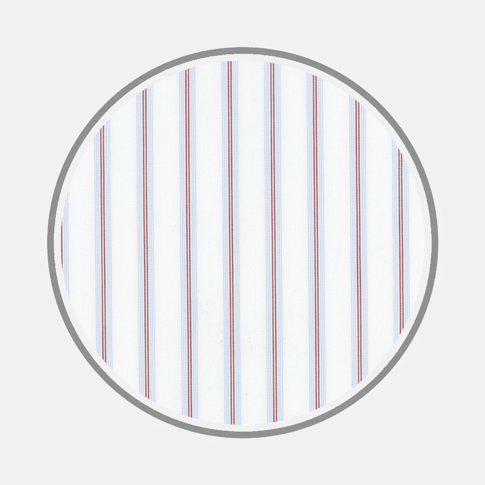Turnbull & Asser's Bespoke Fabric 1329 34 features a white background with evenly spaced red and blue vertical lines in a gray circle—perfect for monogram styles on custom shirts.