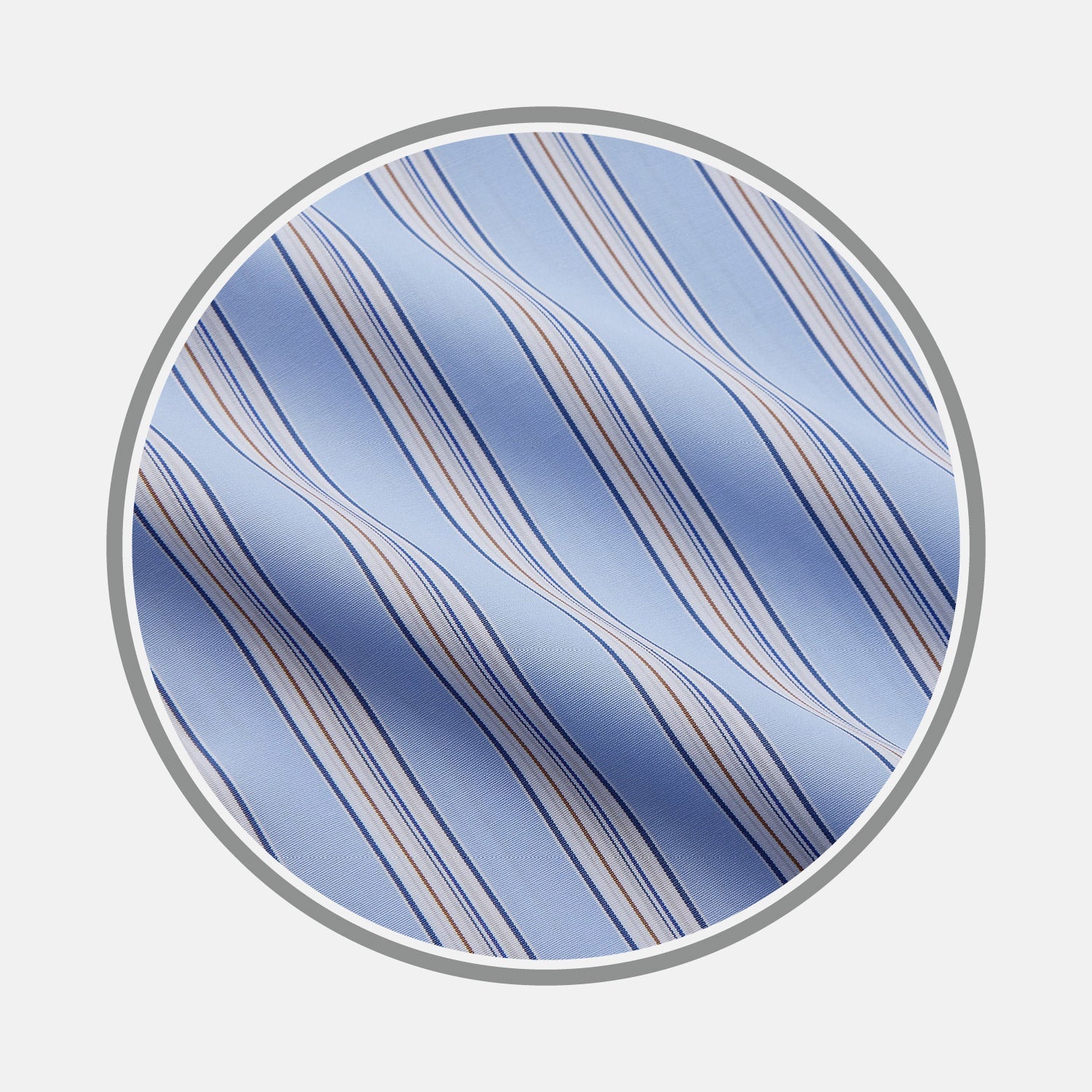 View 1 of product Close-up of Turnbull & Asser’s NEW BESPOKE FABRIC 1330 33: light blue fabric with wavy white, navy, and tan diagonal stripes, ideal for custom shirts, displayed in a circular frame on a plain gray background.