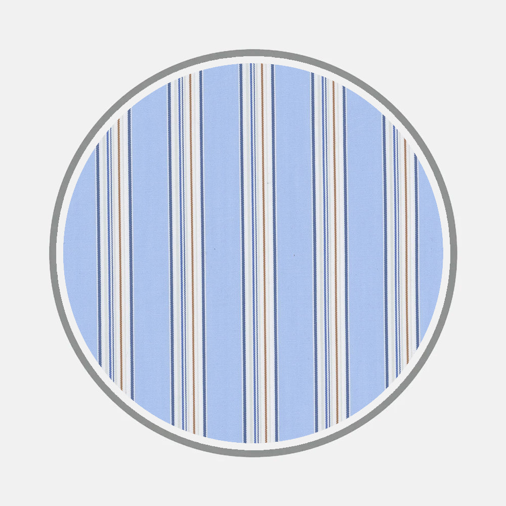 A circular swatch of Turnbull & Asser's Bespoke Fabric 1330 33 shows light blue with evenly spaced vertical stripes in white, brown, and navy, bordered by a gray ring on a plain light background—ideal for custom shirts.