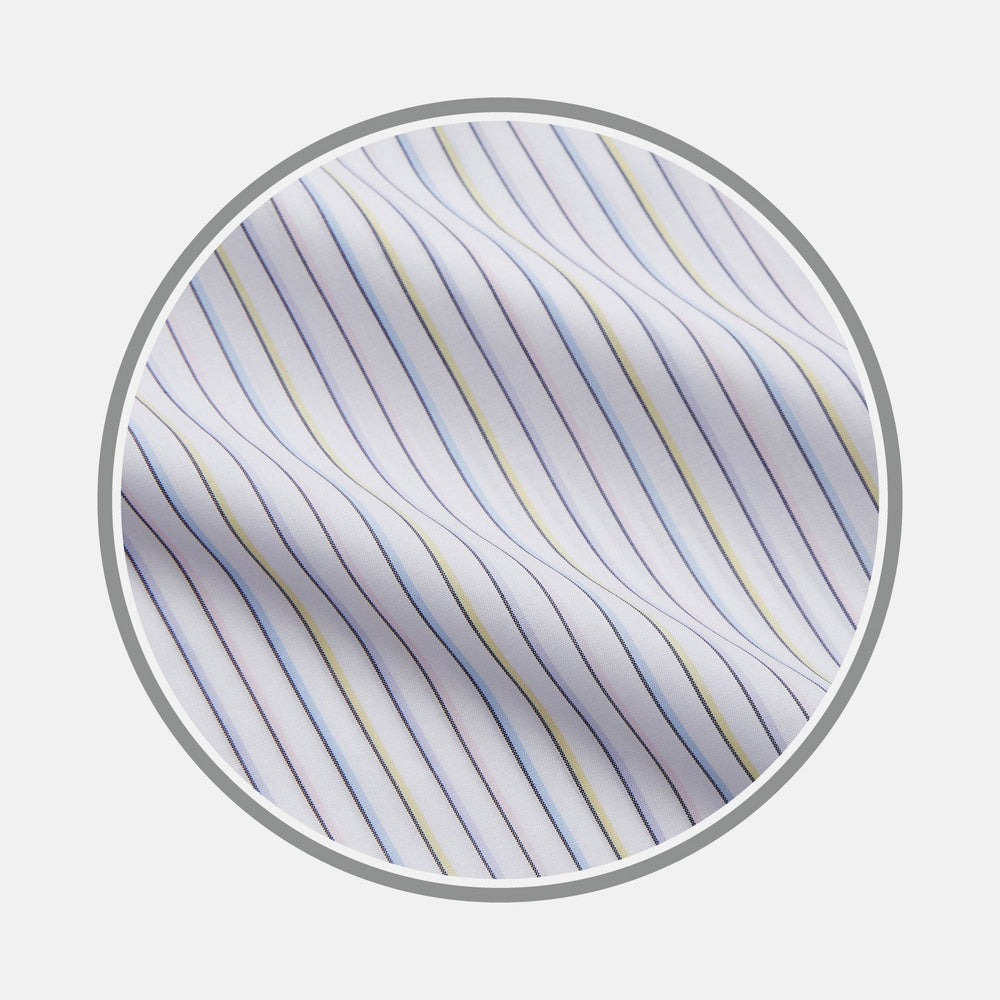 Close-up of Turnbull & Asser’s NEW BESPOKE FABRIC 1335 38: smooth white fabric with fine blue, purple, and yellow stripes, perfect for custom shirts. Shown wavy in a circular frame on a light gray background.