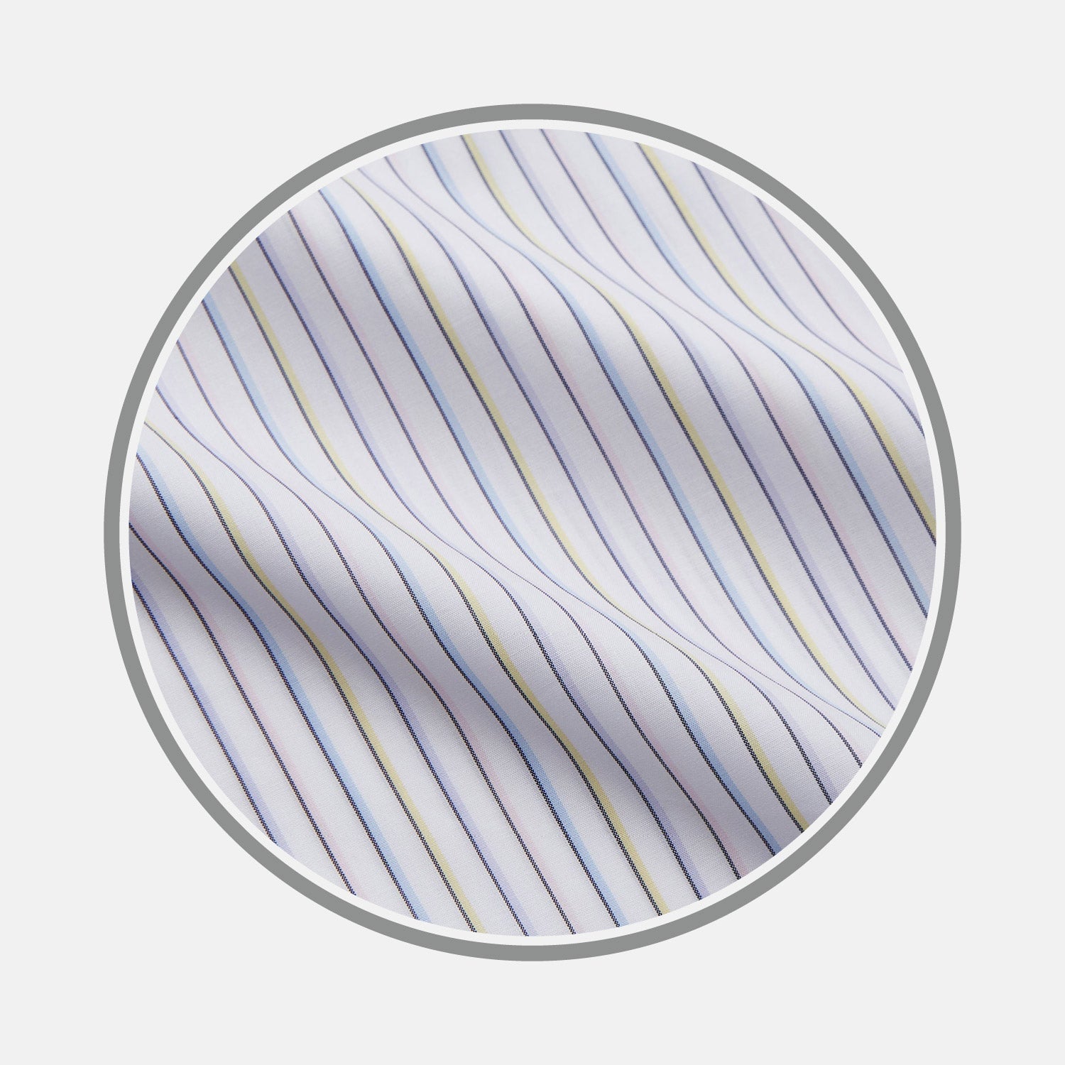 View 1 of product Close-up of Turnbull & Asser’s NEW BESPOKE FABRIC 1335 38: smooth white fabric with fine blue, purple, and yellow stripes, perfect for custom shirts. Shown wavy in a circular frame on a light gray background.