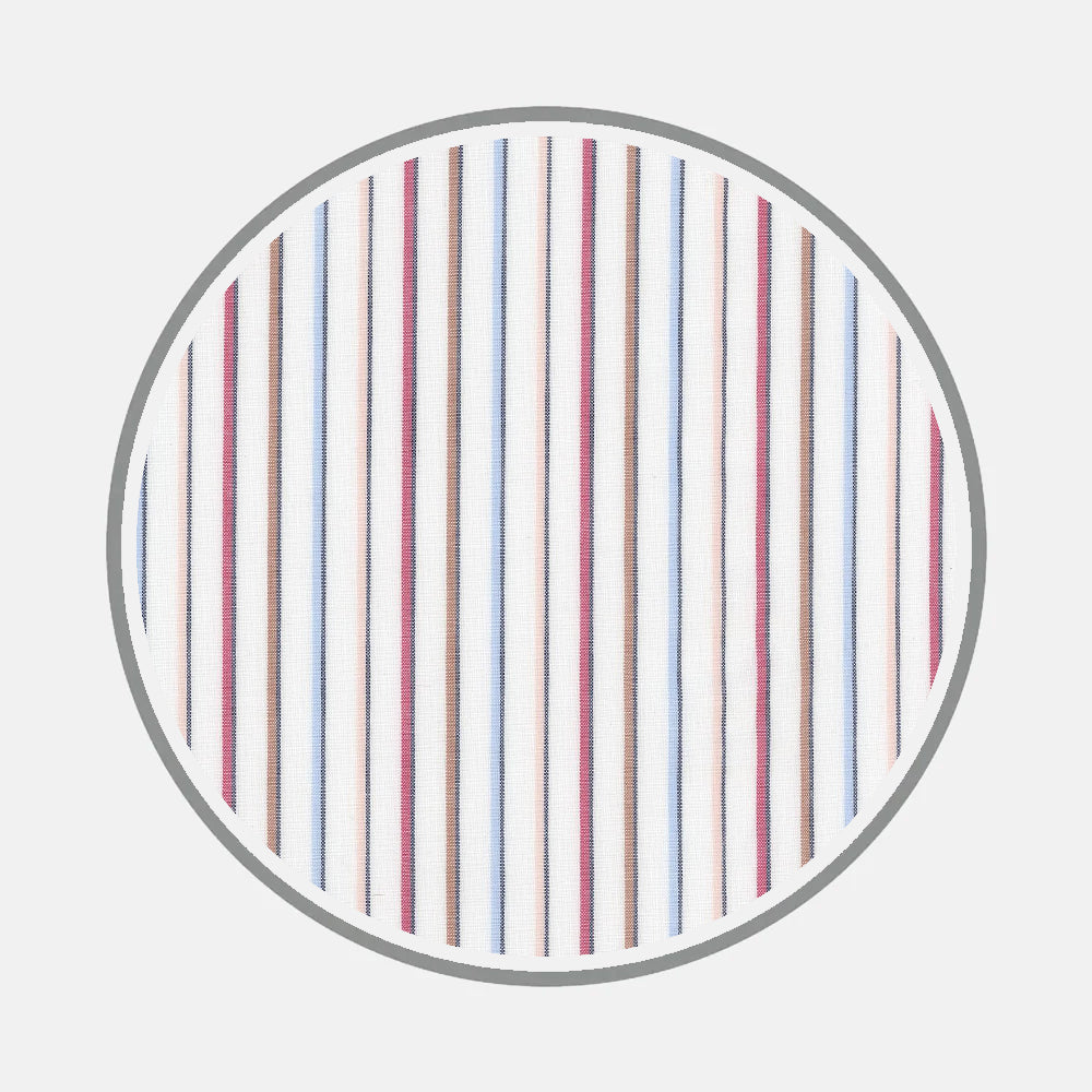 A circular close-up of Turnbull & Asser’s Bespoke Fabric 1335 34 shows white fabric with vertical red, black, and light blue stripes on a light gray background.