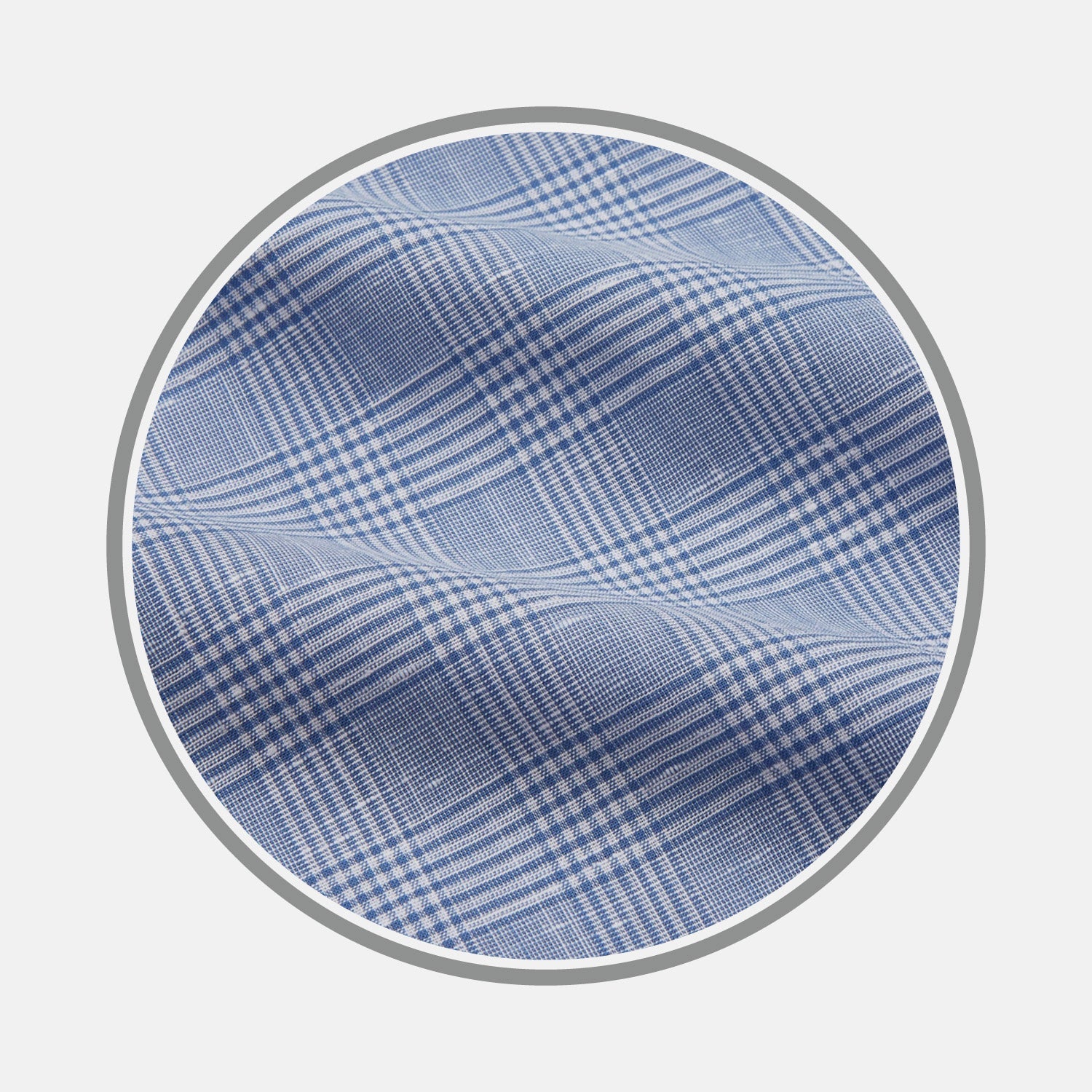 View 1 of product Close-up of BESPOKE FABRIC 1341 07 by Turnbull & Asser: blue and white plaid with a crisscross pattern, displayed in a circular frame on white—perfect for custom shirts or distinctive monogram designs.