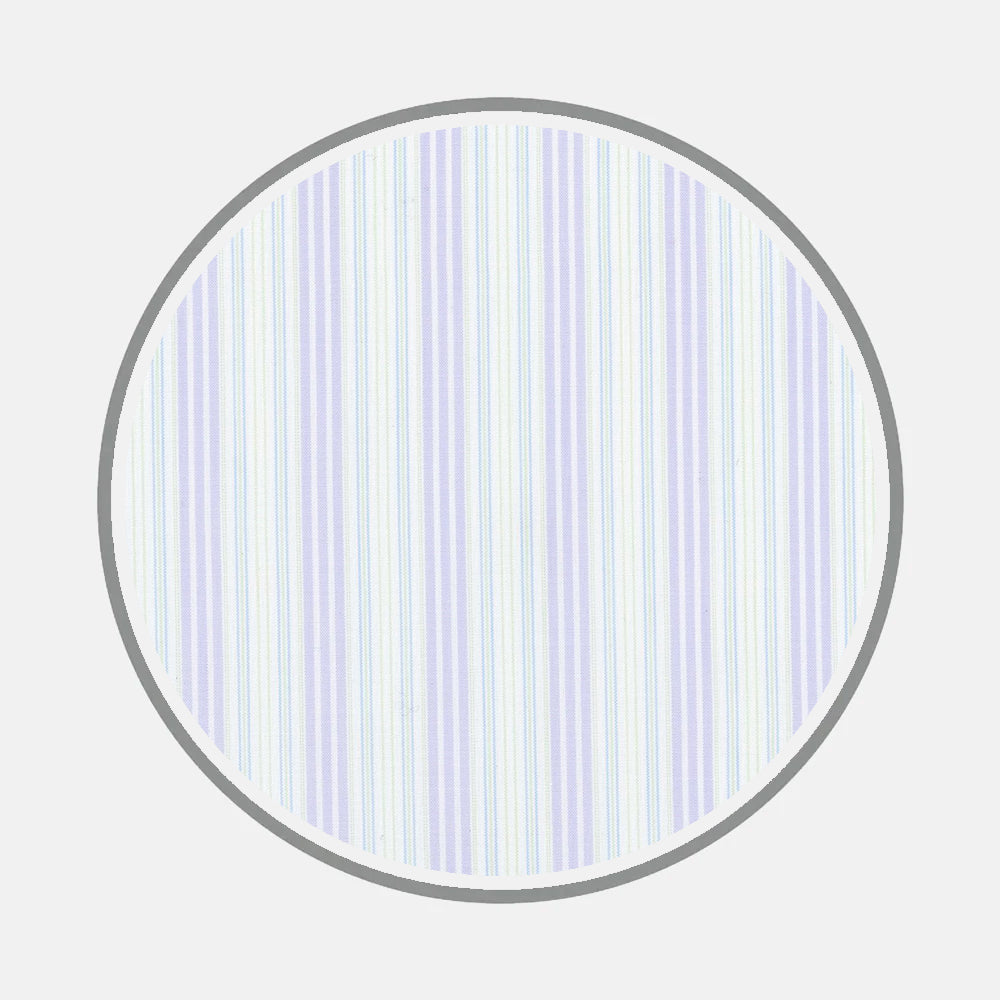 A circle with a thick gray border, filled with vertical pastel lines in blue, purple, and light yellow—evoking custom shirt designs—showcases Turnbull & Asser’s Bespoke Fabric 1343 38 against a plain white background.