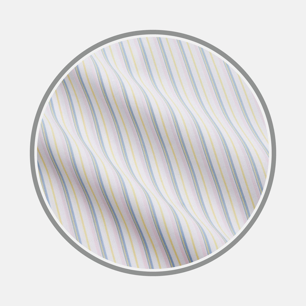 Close-up of Turnbull & Asser's NEW BESPOKE FABRIC 1346 28: thin pastel blue, yellow, and pink stripes on white with a subtle wavy texture—perfect for custom shirts. The fabric is shown within a circular frame.