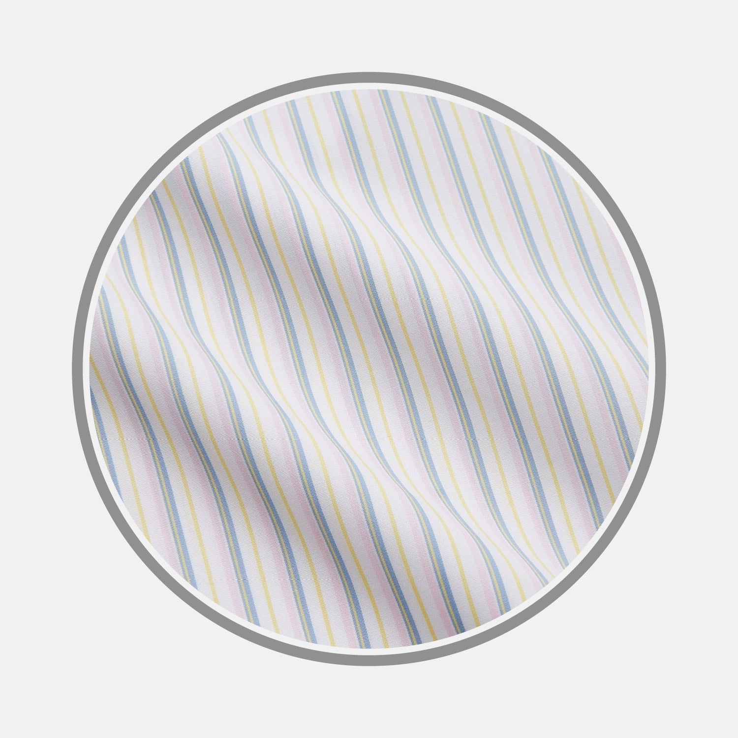 View 1 of product Close-up of Turnbull & Asser's NEW BESPOKE FABRIC 1346 28: thin pastel blue, yellow, and pink stripes on white with a subtle wavy texture—perfect for custom shirts. The fabric is shown within a circular frame.