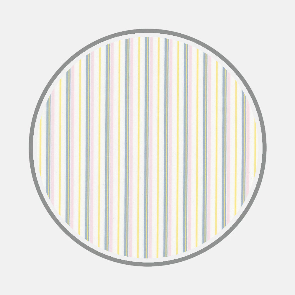 A circle with a gray border and pastel pink, yellow, green, and blue stripes on white showcases Turnbull & Asser's Bespoke Fabric 1346 28—ideal for custom shirts or monograms—centered on a light gray background.