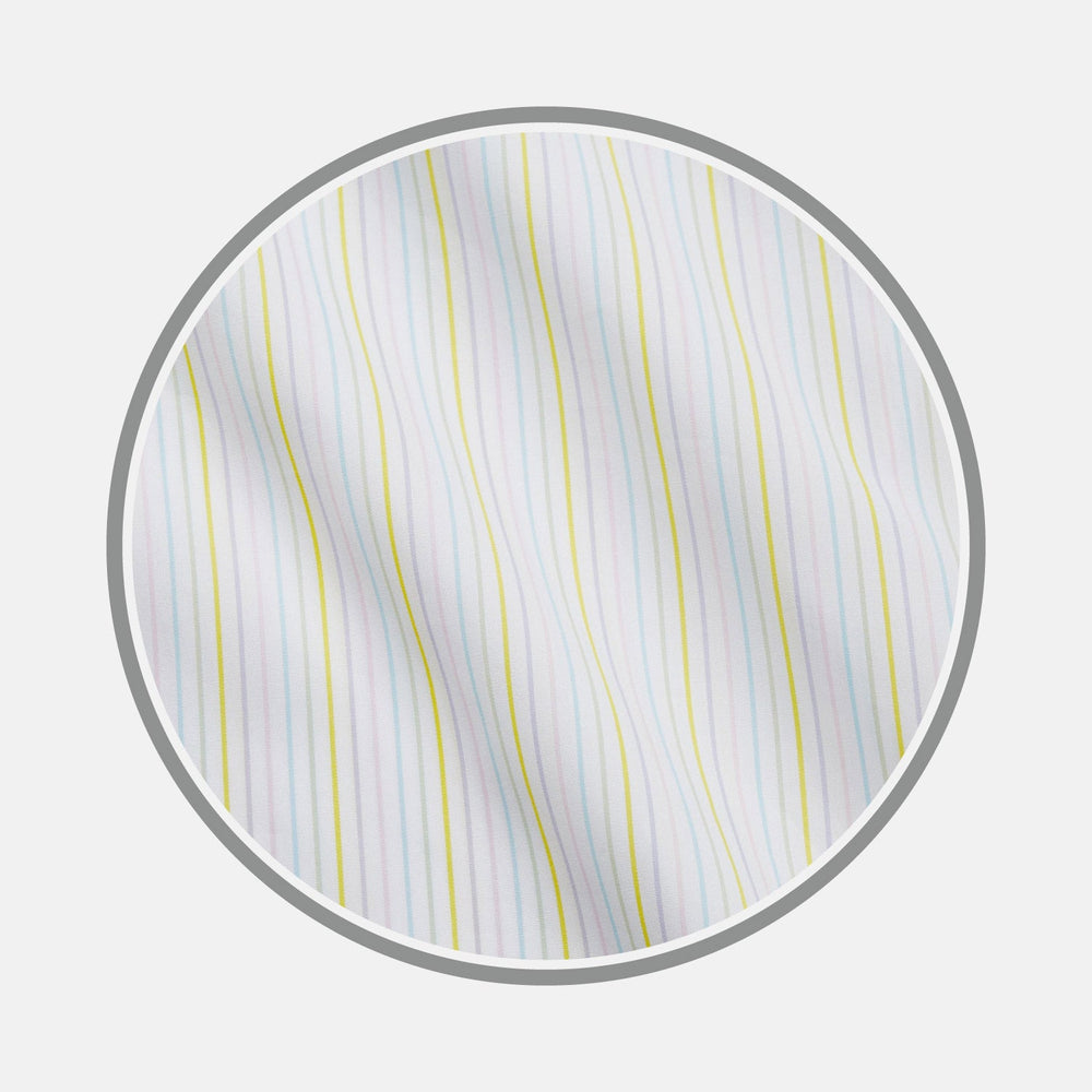 Close-up of Turnbull & Asser's NEW BESPOKE FABRIC 1348 28: white fabric with thin pastel blue, pink, purple, and yellow vertical stripes—perfect for bespoke shirts—viewed through a circular frame on a light gray background.