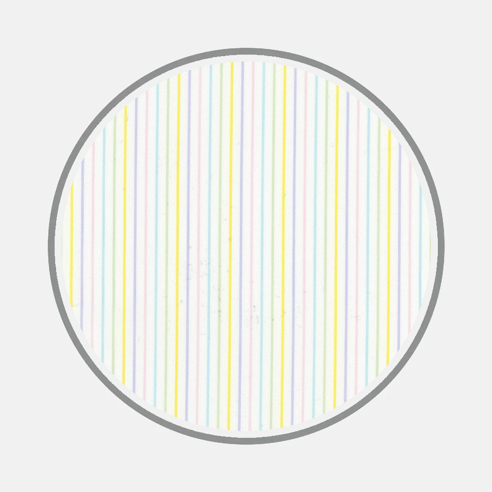 Bespoke Fabric 1348 28 by Turnbull & Asser features a gray-outlined circle filled with evenly spaced vertical pastel lines in yellow, blue, pink, and green on white—perfect for custom shirts or unique monogram styles.