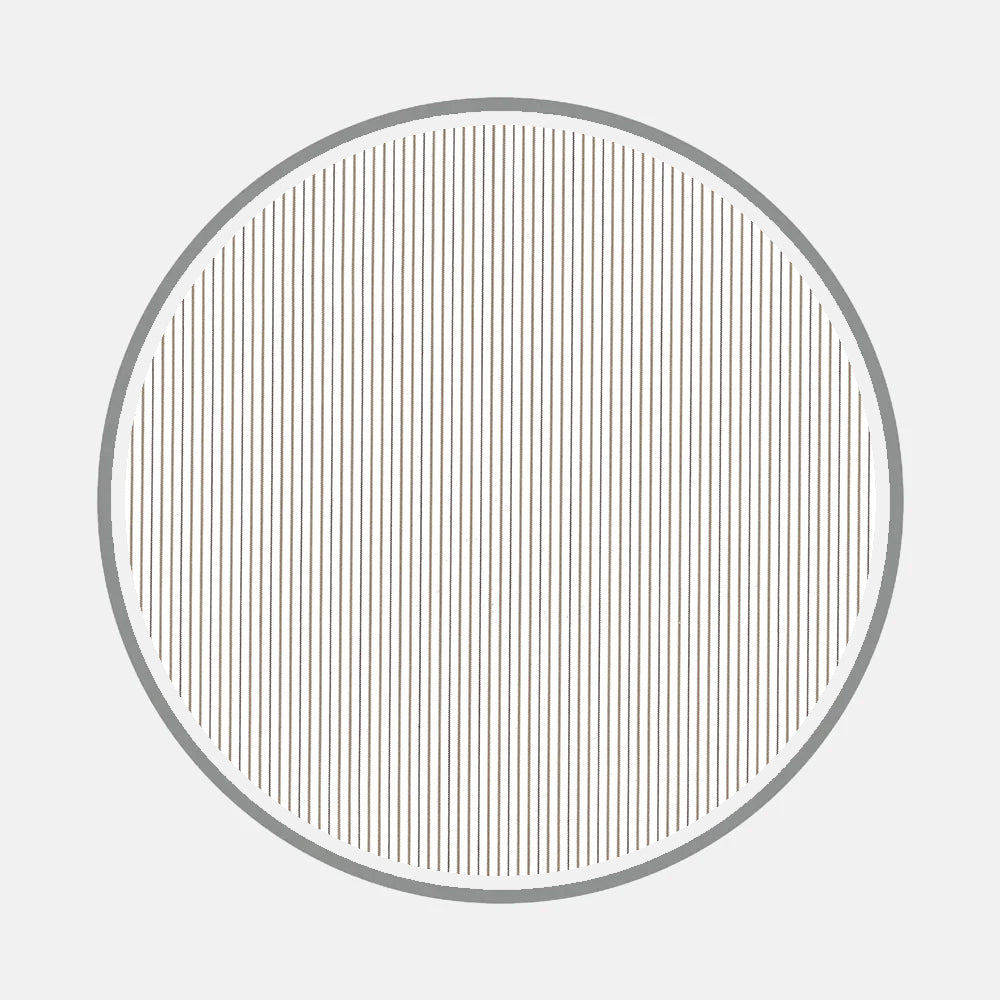 A gray-outlined circle with thin, evenly spaced vertical lines on white recalls monogram styles—ideal inspiration for custom shirts. Design inspired by Bespoke Fabric 1367 45 from Turnbull & Asser.