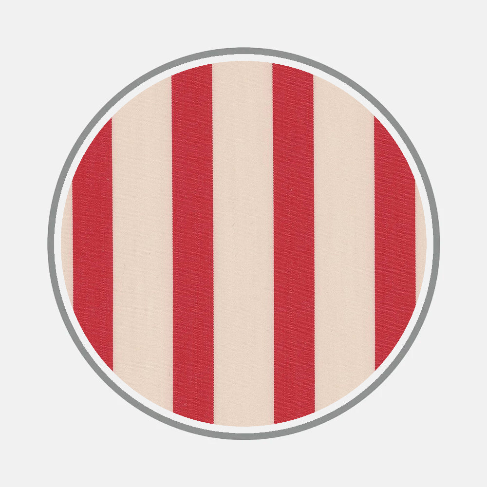 A circle featuring vertical red and cream stripes, inspired by bespoke shirt designs from Turnbull & Asser's Bespoke Fabric 1382 34, bordered by a thin gray outline on a light gray background.