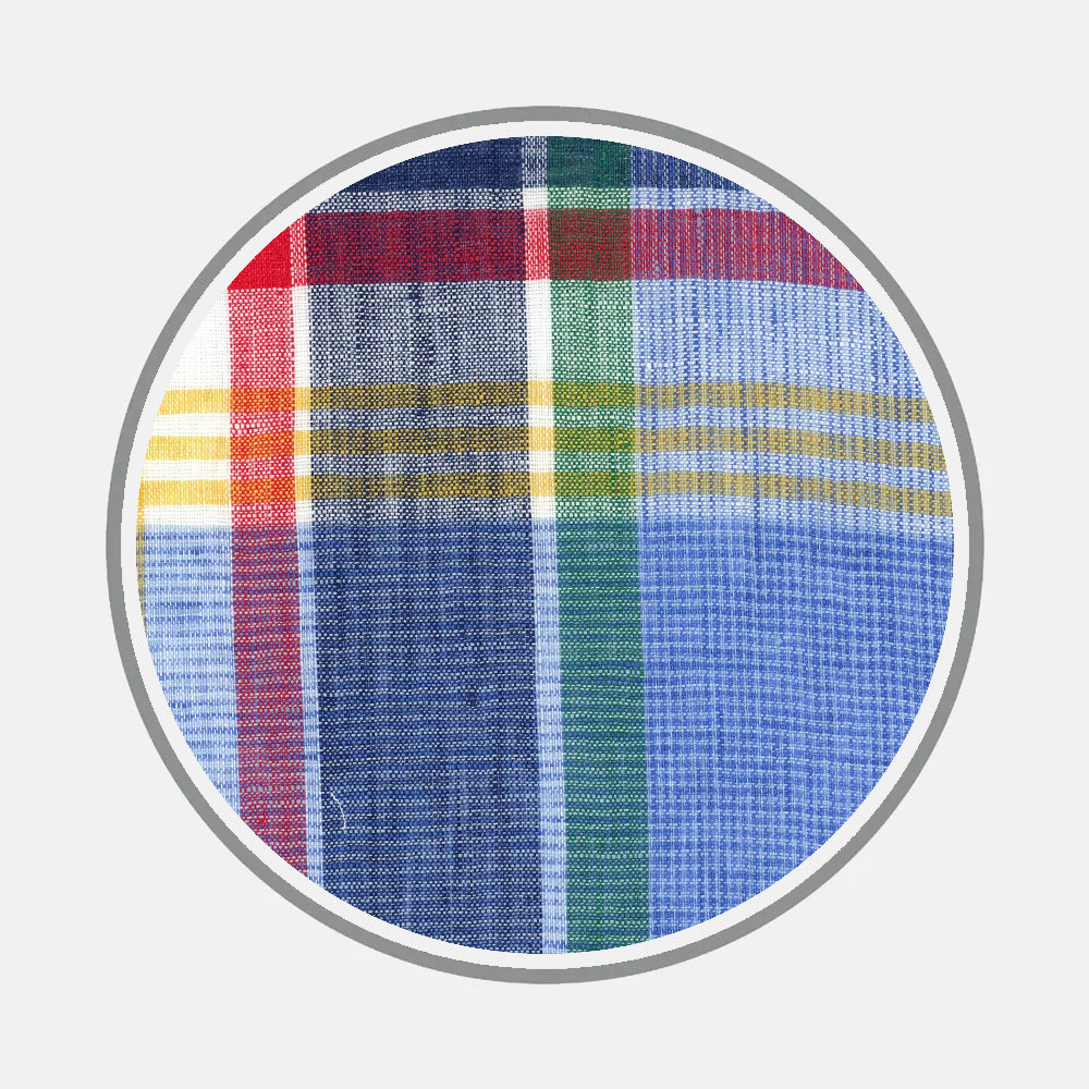 A close-up of Turnbull & Asser's Bespoke Fabric 1383 28, featuring blue, red, yellow, green, and white plaid stripes in a circular frame—perfect for custom shirts or displaying distinctive monogram styles.