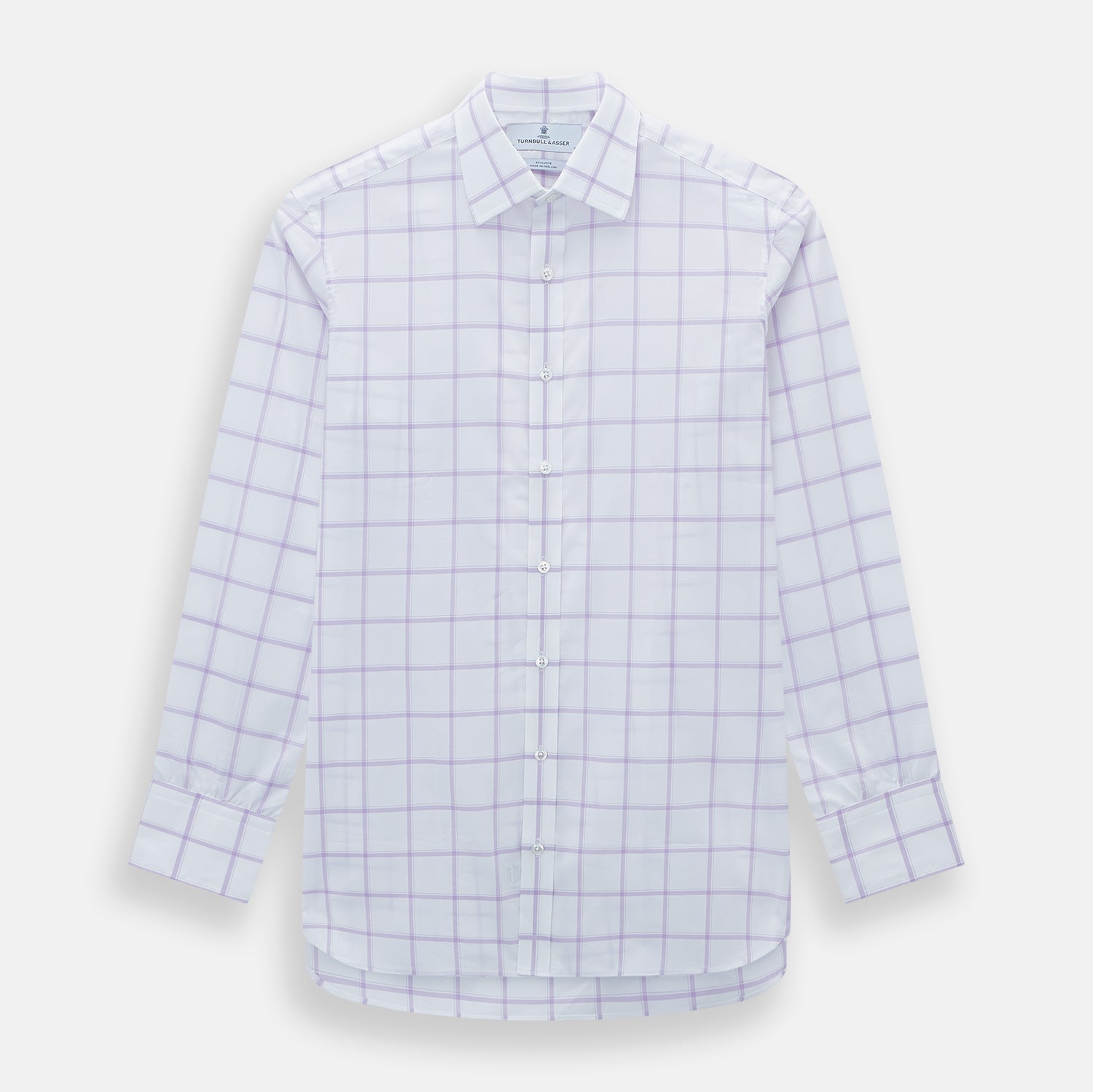 View 1 of product The Turnbull & Asser Lilac Grid Check Mayfair Shirt is a long-sleeve, button-up style crafted from Italian cotton with a white base and lilac grid check pattern, shown on a plain white background.