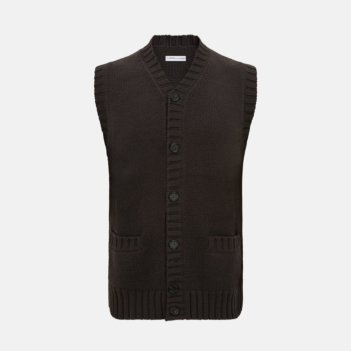 Brown Merino V-Neck Sleeveless Cardigan