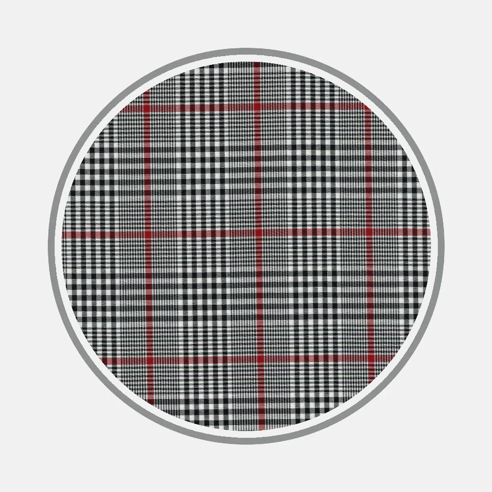 Bespoke Fabric 1391 30 by Turnbull & Asser showcases a black-and-white houndstooth plaid with red and gray lines, bordered in gray—ideal for custom shirts or distinct monograms.