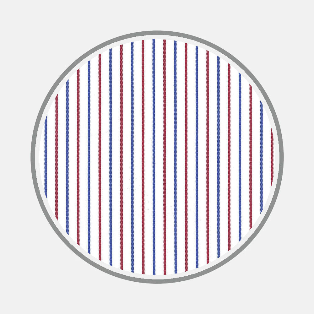 Bespoke Fabric 1406 34 by Turnbull & Asser features a circular design with thin blue and red stripes on white, bordered by gray—ideal for custom shirts or enhancing bespoke shirt monogram styles.
