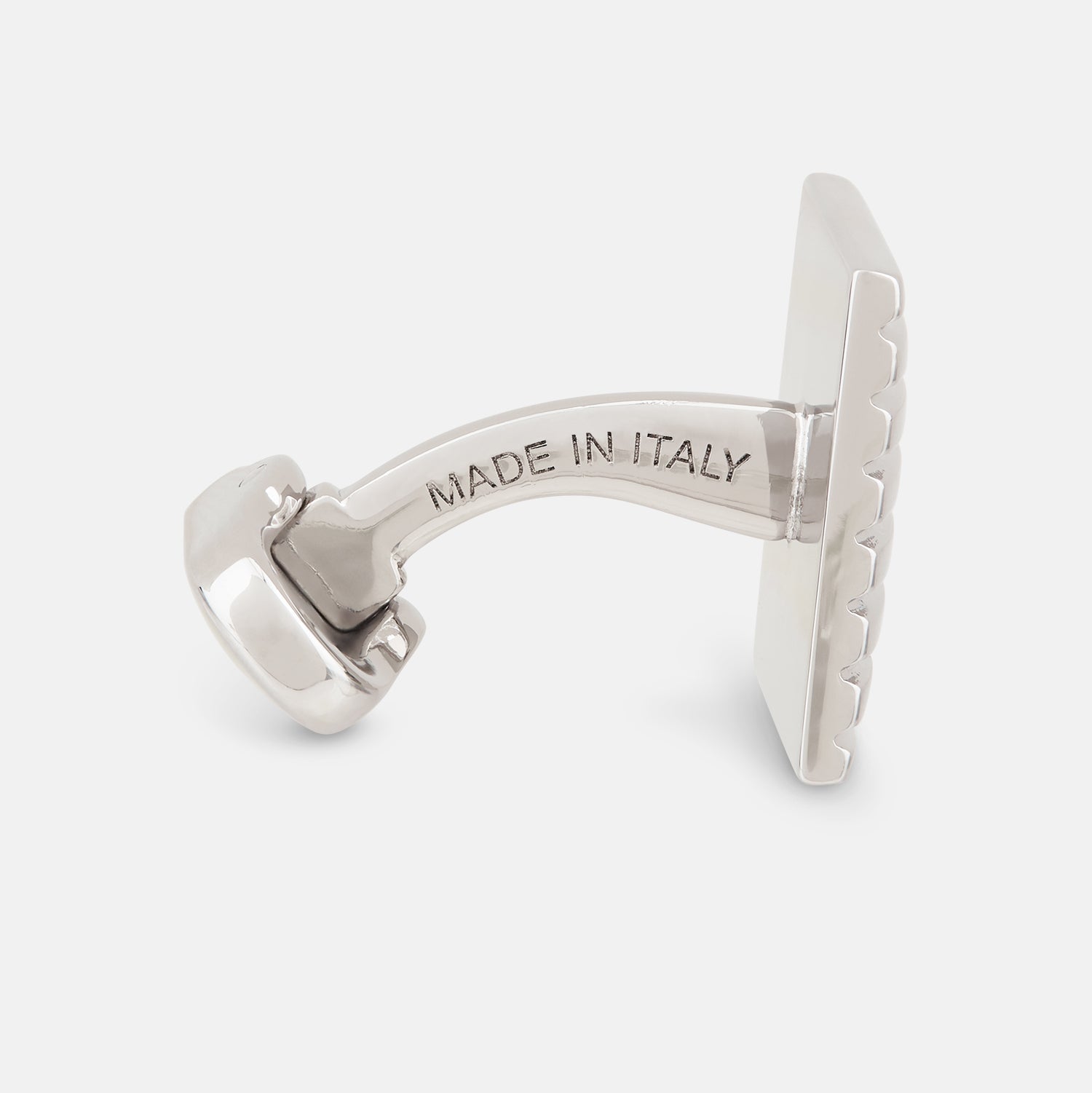 View 2 of product Turnbull & Asser Silver Striped Square Cufflinks feature a ridged, horizontal line design on sterling silver, set against a white background.