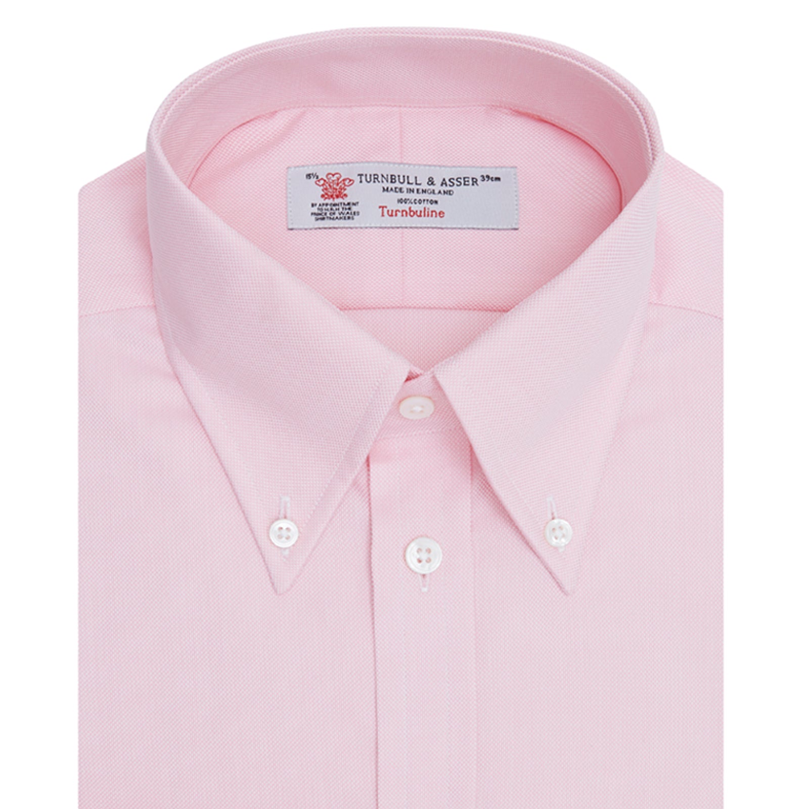 View 3 of product The Turnbull & Asser Pink Royal Oxford Cotton Shirt features a button-down collar and 3-button cuffs, ideal for men's weekend wear. Displayed against a plain white background.