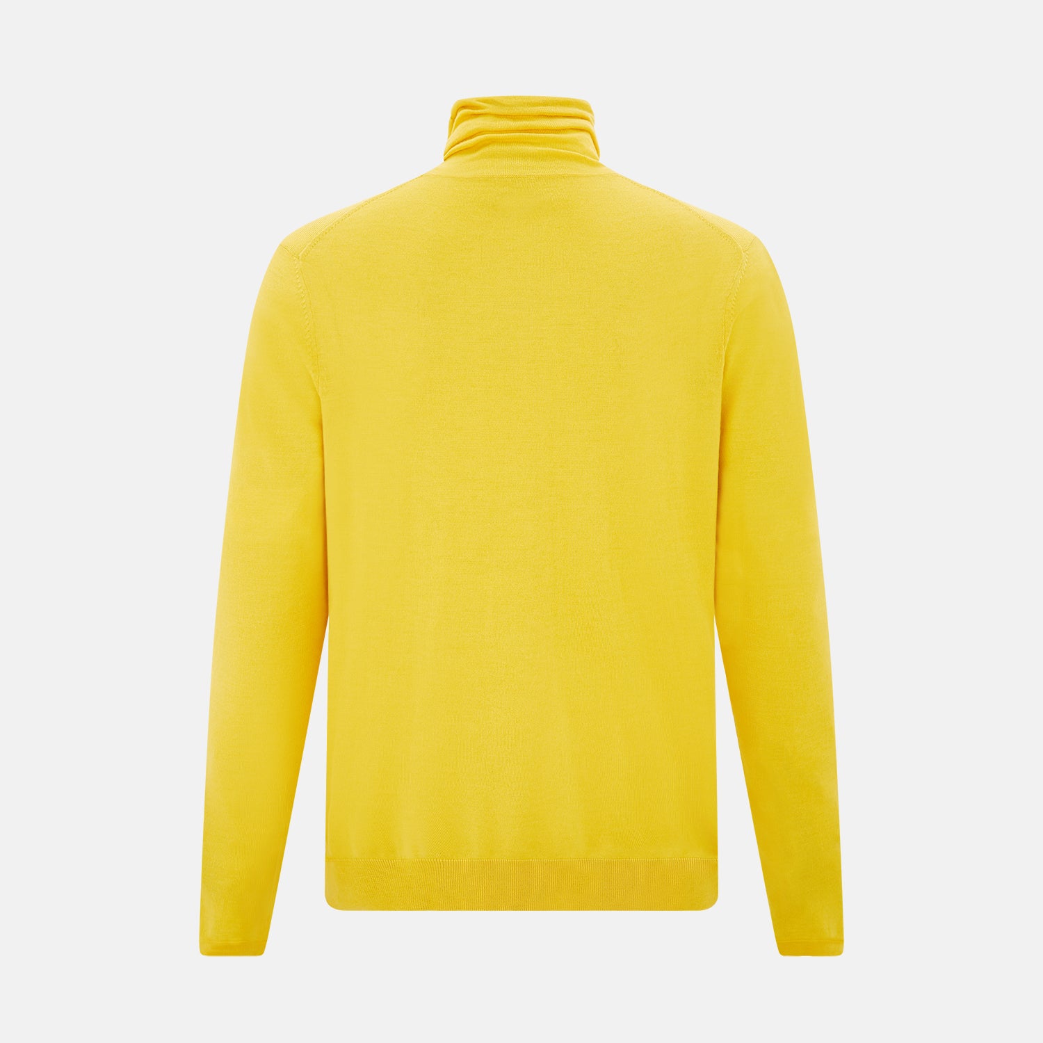 View 3 of product The Turnbull & Asser Canary Yellow Fine Merino High Neck Jumper features soft merino wool, long sleeves, and a classic turtleneck design, presented on a plain white background.