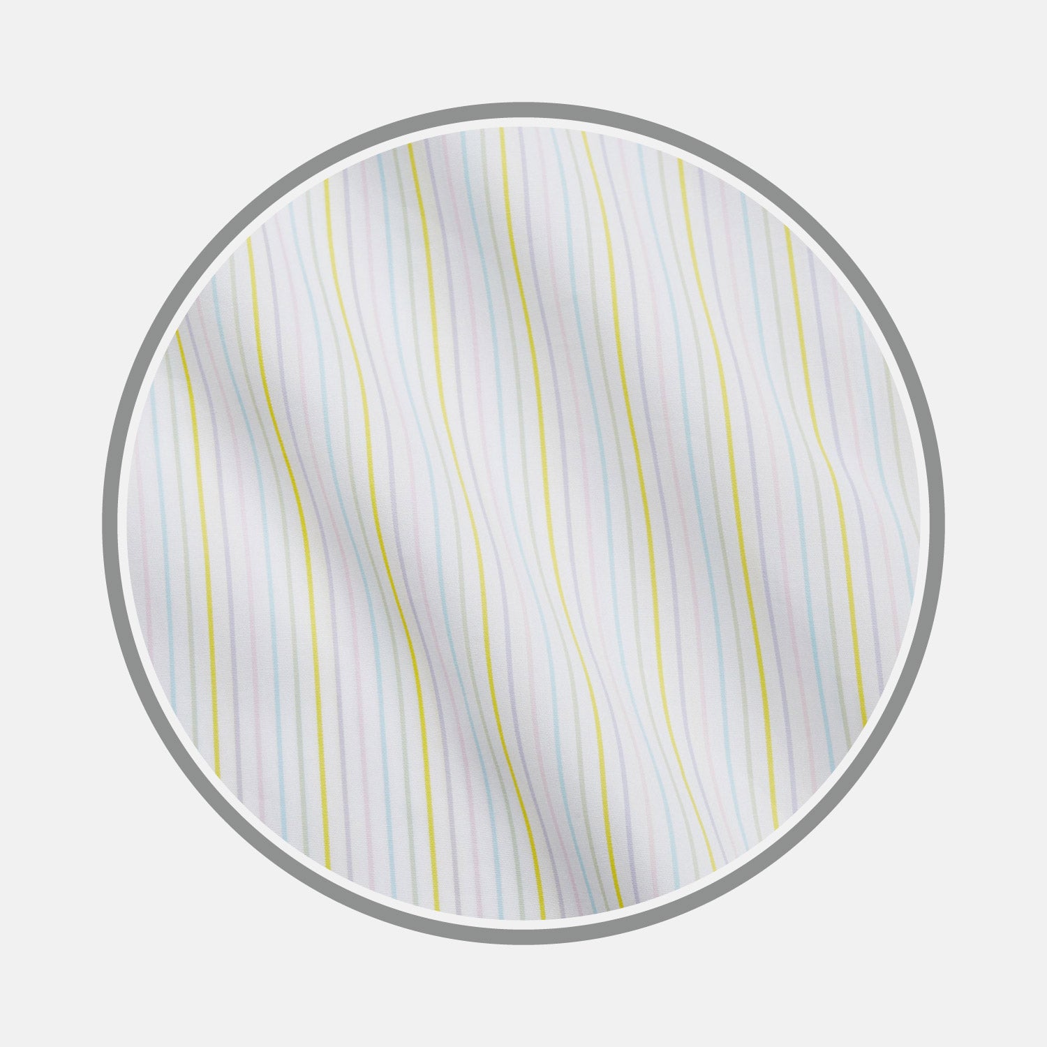 View 1 of product A close-up of Turnbull & Asser's Yellow Multi Stripe Cotton Fabric, featuring soft white cotton with vertical pastel yellow, blue, and pink stripes, displayed inside a gray circular border with a slightly wrinkled texture.