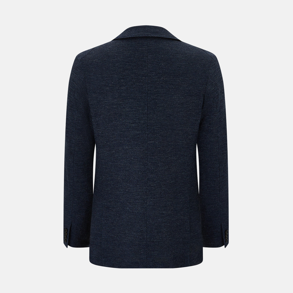 The Turnbull & Asser Navy Linen Blend Cambridge blazer features British tailoring with a notched lapel, two buttons, and three front pockets, shown on a plain white background.