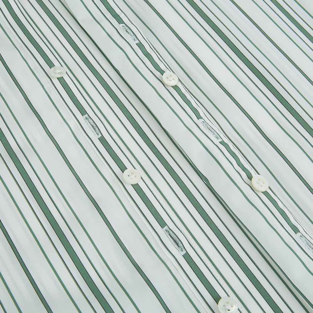The SAGE GREEN MULTI STRIPE WESTMINSTER SHIRT by Turnbull & Asser features a classic collar, long sleeves, buttoned cuffs, relaxed fit, and vertical green and white stripes—embodying timeless British craftsmanship.