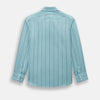 View 3 of product The Cendre Blue Track Stripe Westminster Shirt by Turnbull & Asser features a light blue hue, dark vertical stripes, button-down front, classic collar, and buttoned cuffs—showcasing British craftsmanship.