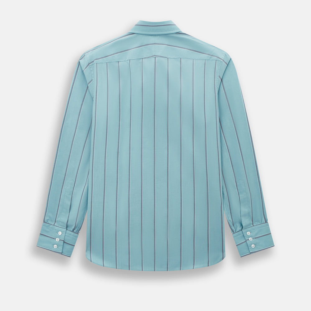 The Cendre Blue Track Stripe Westminster Shirt by Turnbull & Asser features a light blue hue, dark vertical stripes, button-down front, classic collar, and buttoned cuffs—showcasing British craftsmanship.