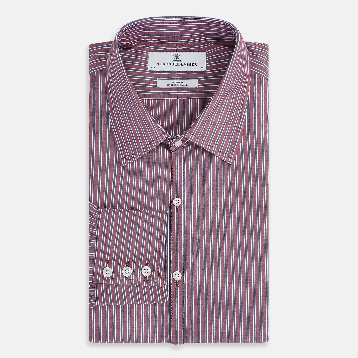 Image 5 of product The Turnbull & Asser Wine Ticking Stripe Westminster Shirt features red, blue, and white vertical pinstripes on white and is shown laid flat on a white surface.