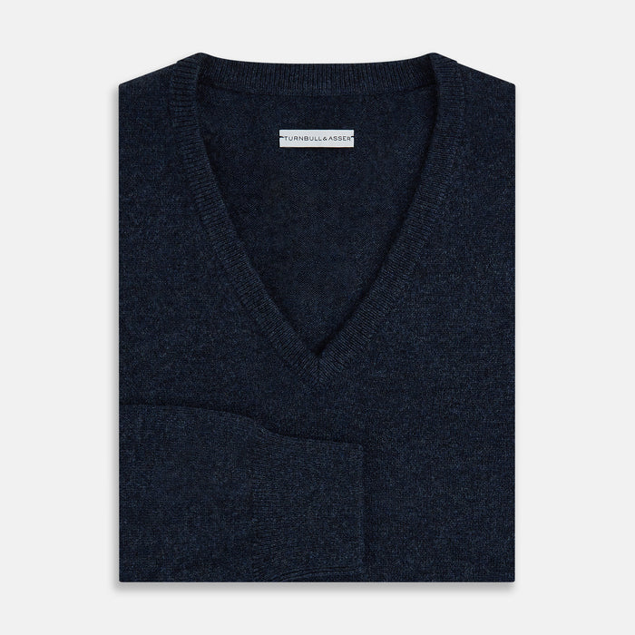 Navy Melange Cashmere V-Neck Jumper Image 3