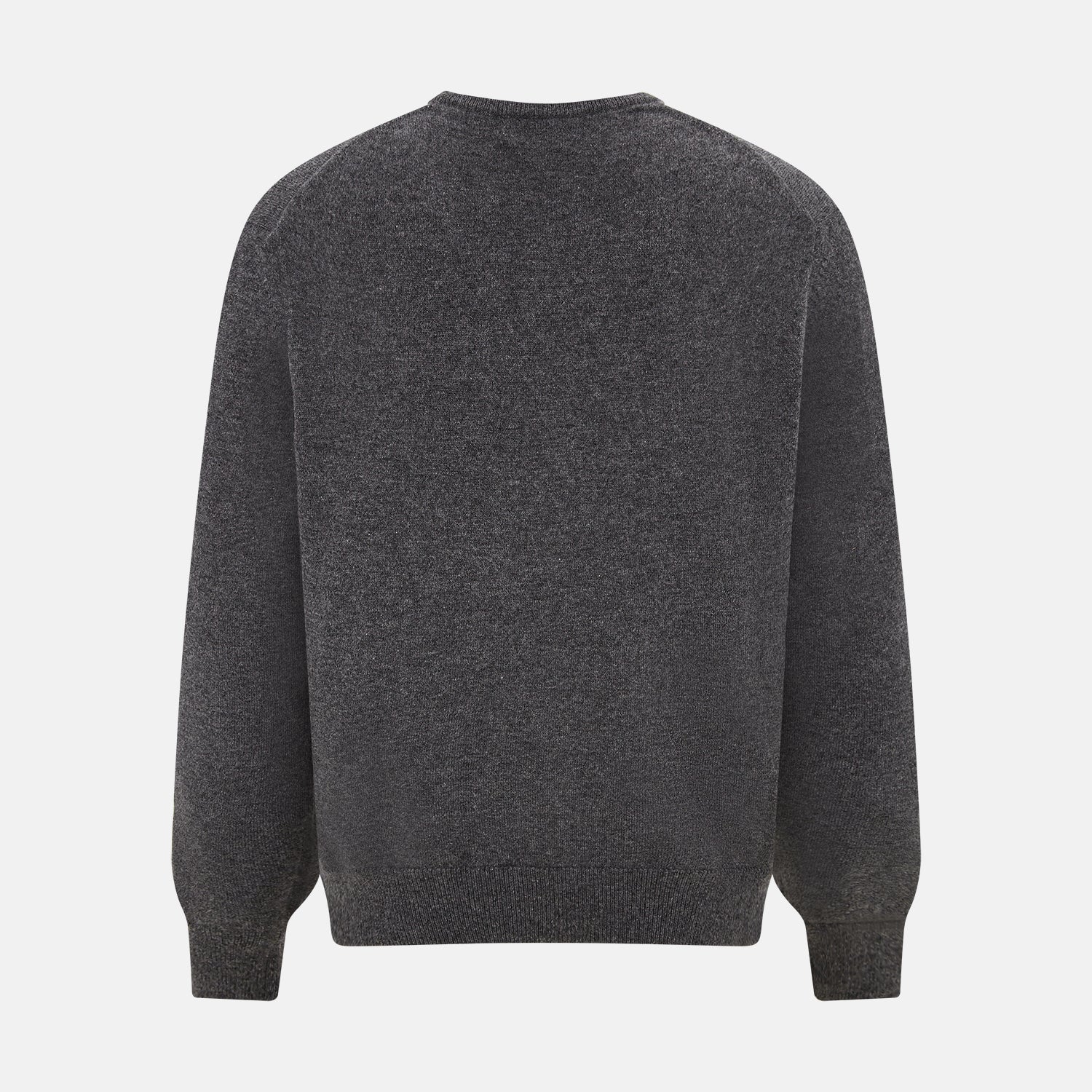 View 3 of product The Charcoal Grey Cashmere V-neck Jumper by Turnbull & Asser features ribbed cuffs, hem, and neckline—an essential knitwear piece, shown on a white background.