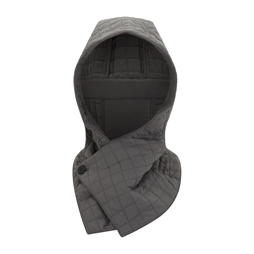 Image 6 of product The Turnbull & Asser Shadow Grey Quilted Hood with Neck Warmer features a button closure, inspired by quilted jacket hoods, and is displayed on a plain white background.