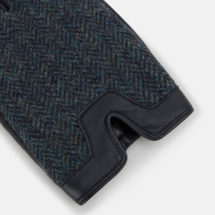 Navy Herringbone Tweed Cashmere-Lined Leather Gloves