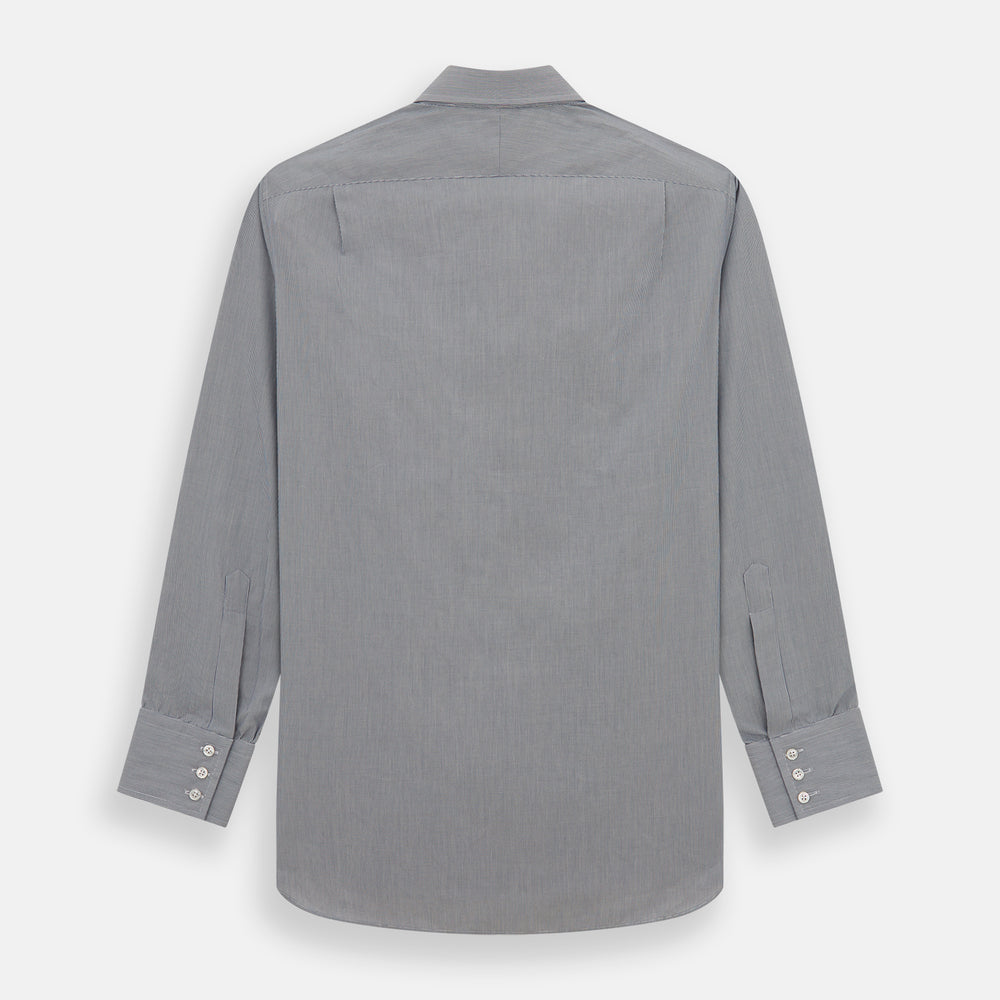 The Blue Fine Stripe Mayfair Shirt by Turnbull & Asser is a long-sleeve button-up with a sharp T&A collar and blue fine stripes, shown flat on a white background.