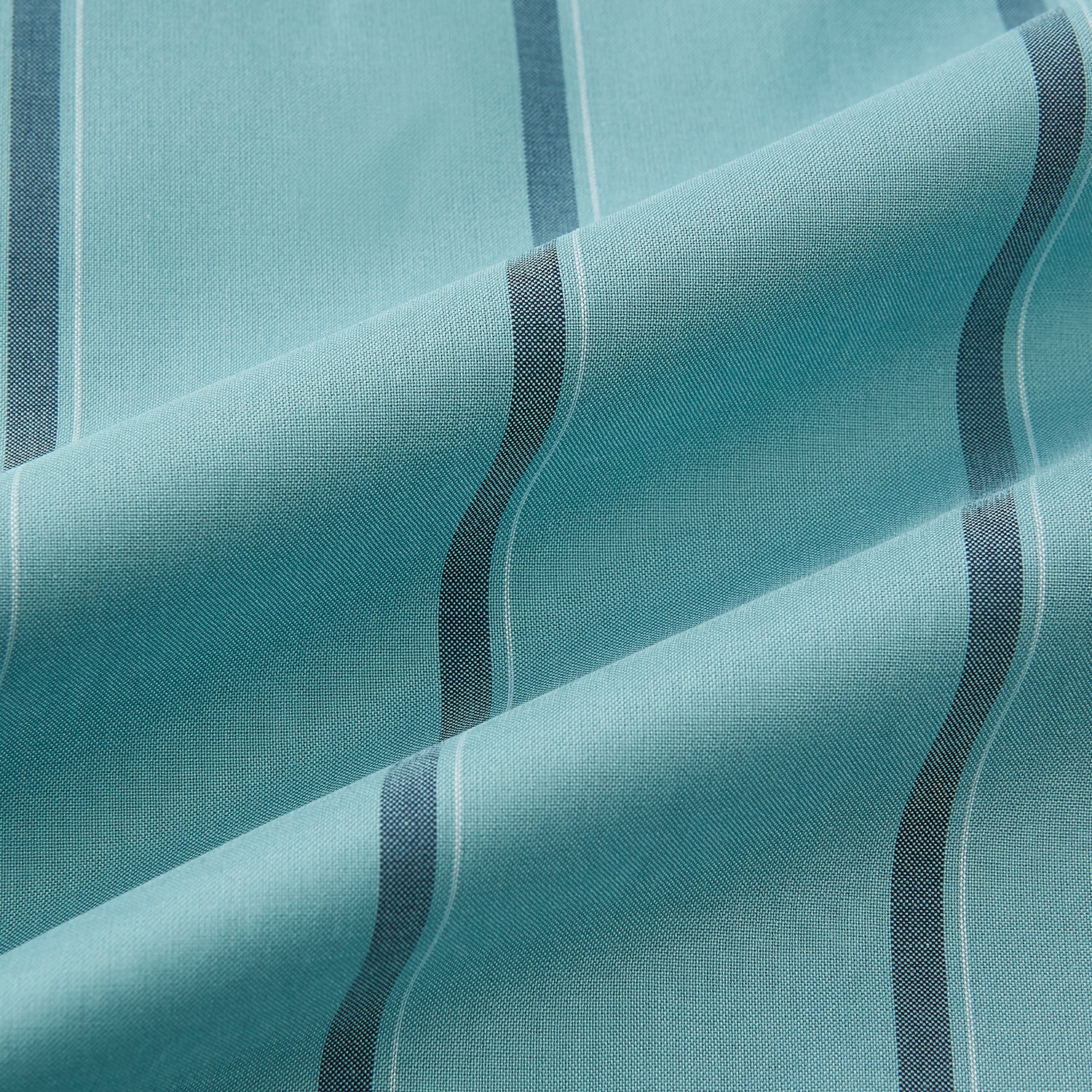 Image 8 of product The Turnbull & Asser Sage Track Stripe Westminster Shirt features long sleeves, a tailored fit, a collar, and vertical dark blue stripes, with button closures down the front and at the cuffs, shown laid flat on a white background.