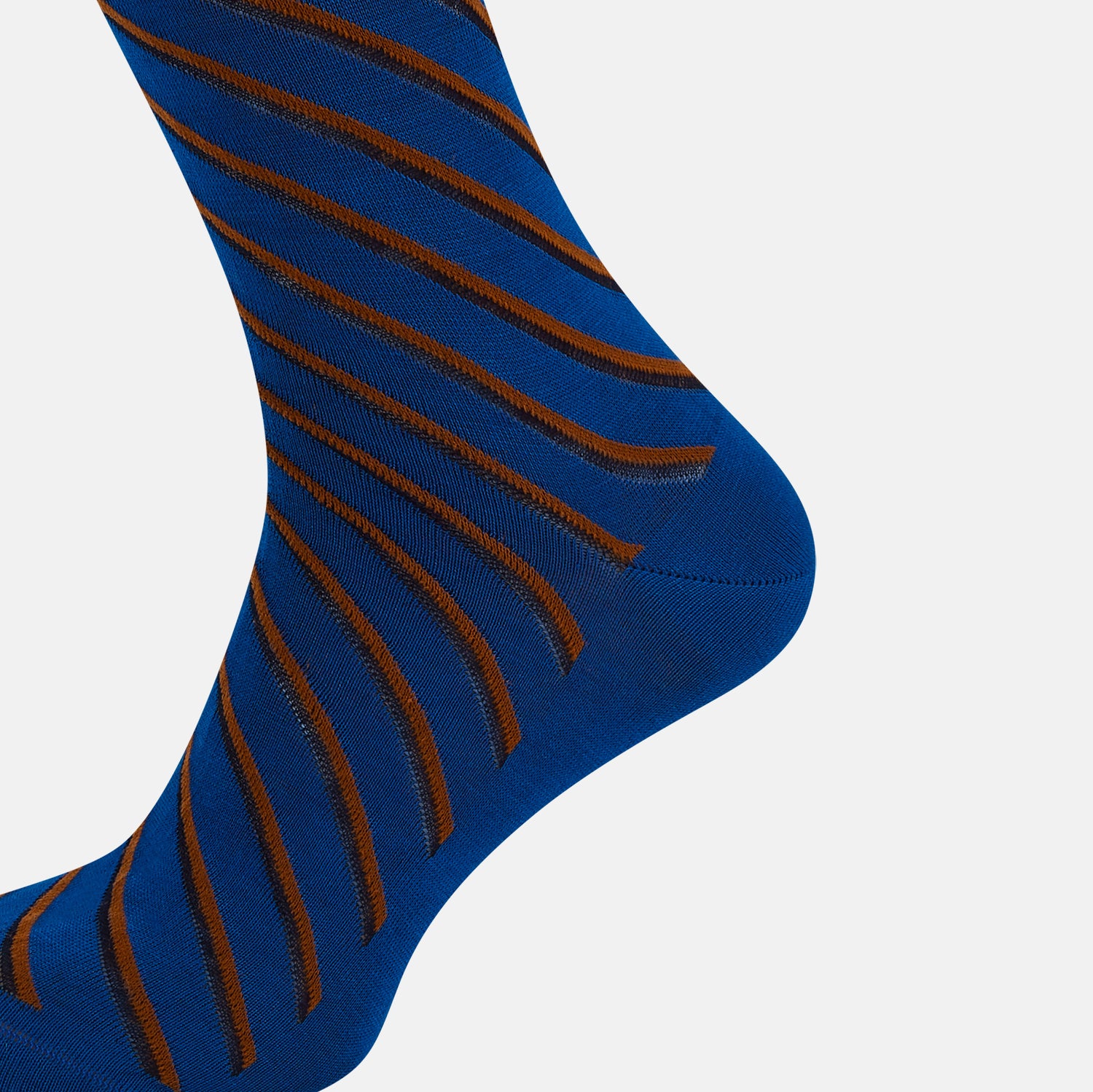 View 4 of product A single Turnbull & Asser Royal Blue/orange Diagonal Striped Long Sock is shown in a knee-high style against a plain light gray background.