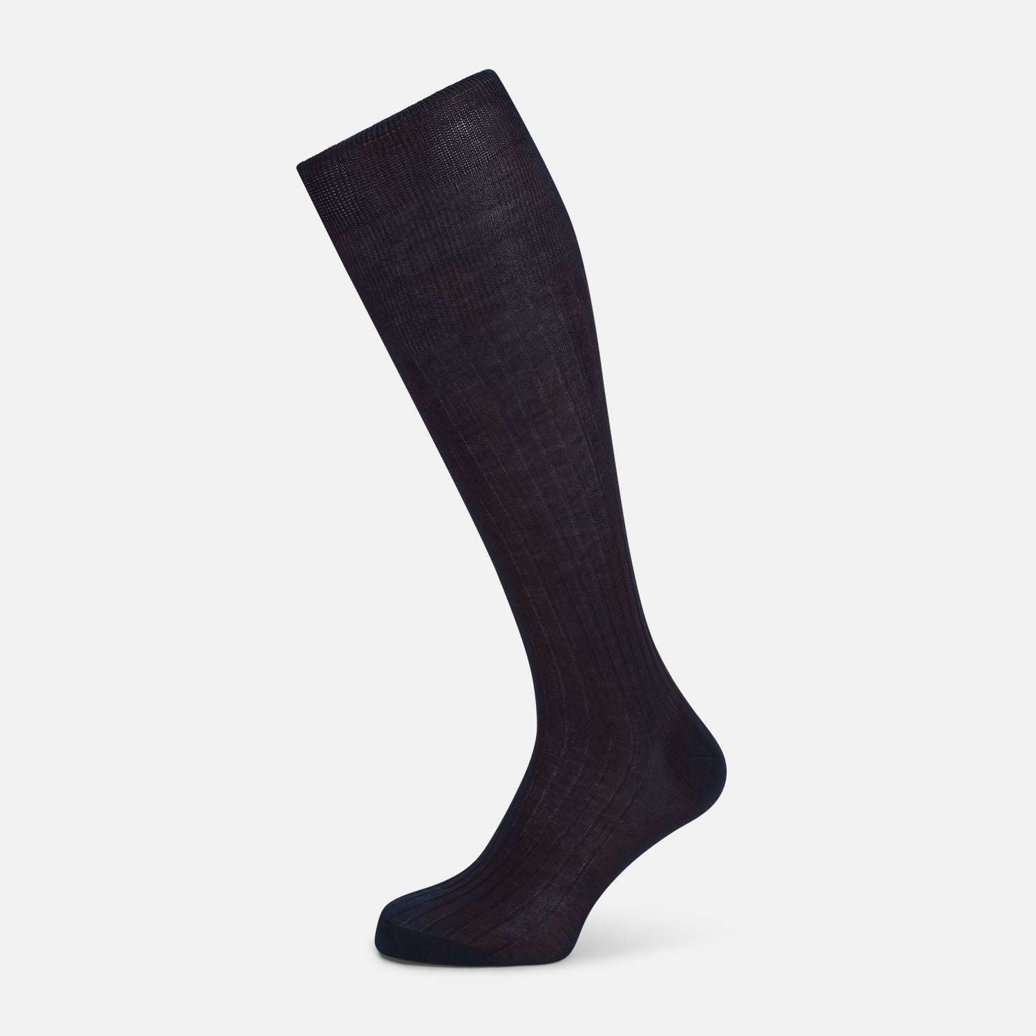 Image 1 of product A single navy long sock by Turnbull & Asser, featuring a subtle ribbed texture and crafted from soft Egyptian cotton, displayed on a plain white background.