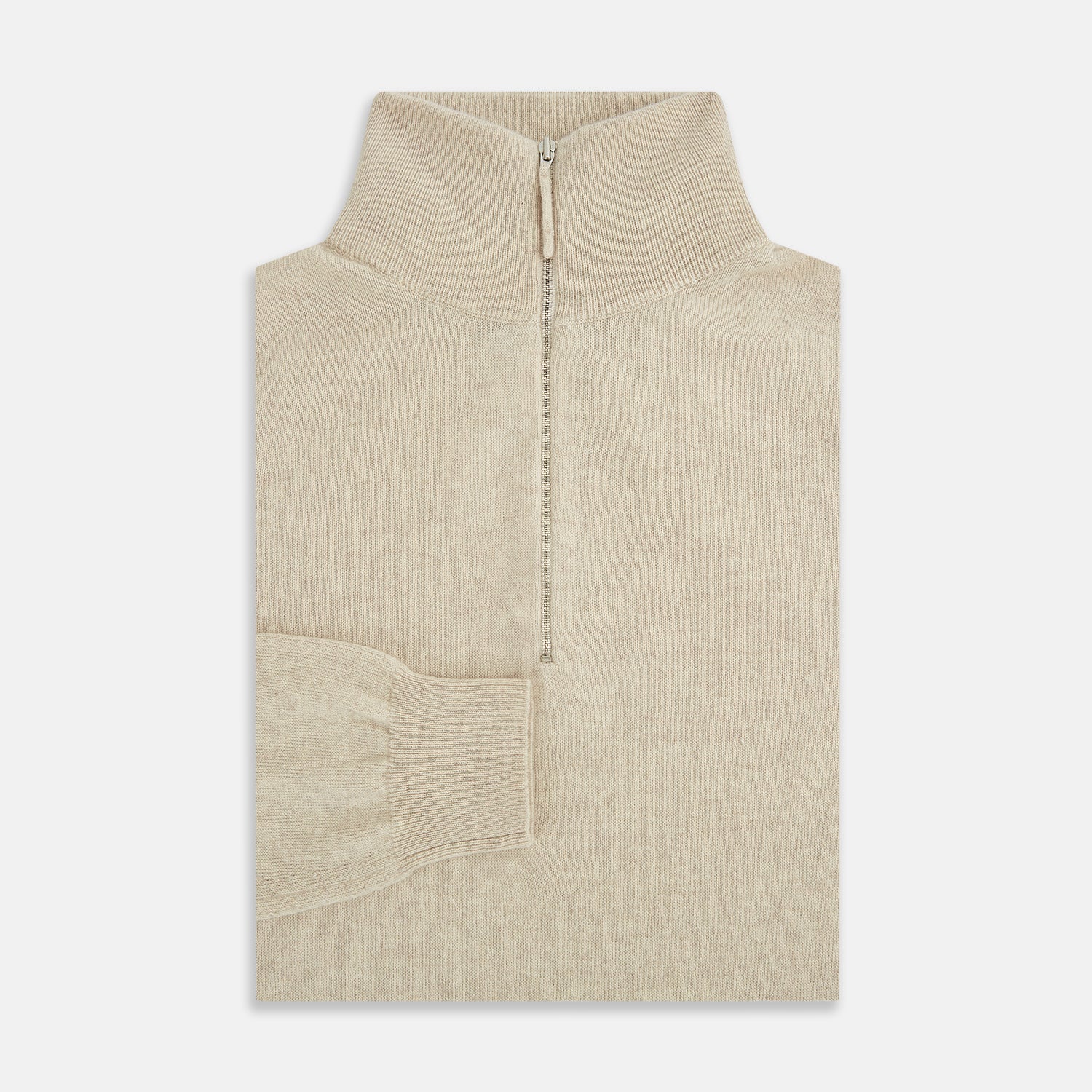 View 4 of product The Turnbull & Asser Cream Half-Zip Cashmere Jumper is a beige, long-sleeve pullover with a high collar, showcasing timeless knitwear style against a plain white background.