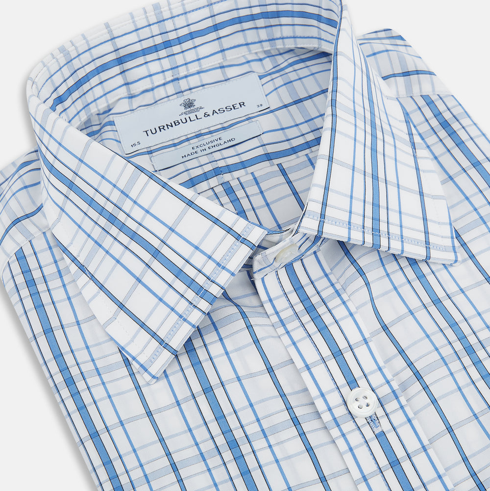 The Turnbull & Asser Blue Plaid Check Mayfair Shirt is a long-sleeve, button-down shirt with a T&A collar and blue and white plaid pattern, shown on a white background.
