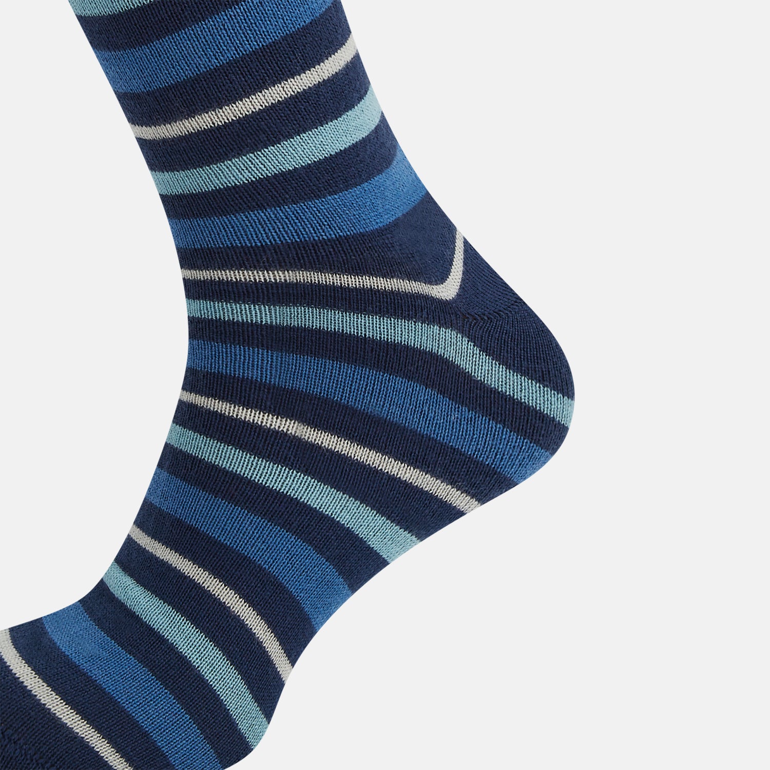 View 4 of product Turnbull & Asser's Azzurro Striped Merino Wool Long Socks feature horizontal stripes in blue, navy, and gray—ideal over-the-calf socks for everyday style.