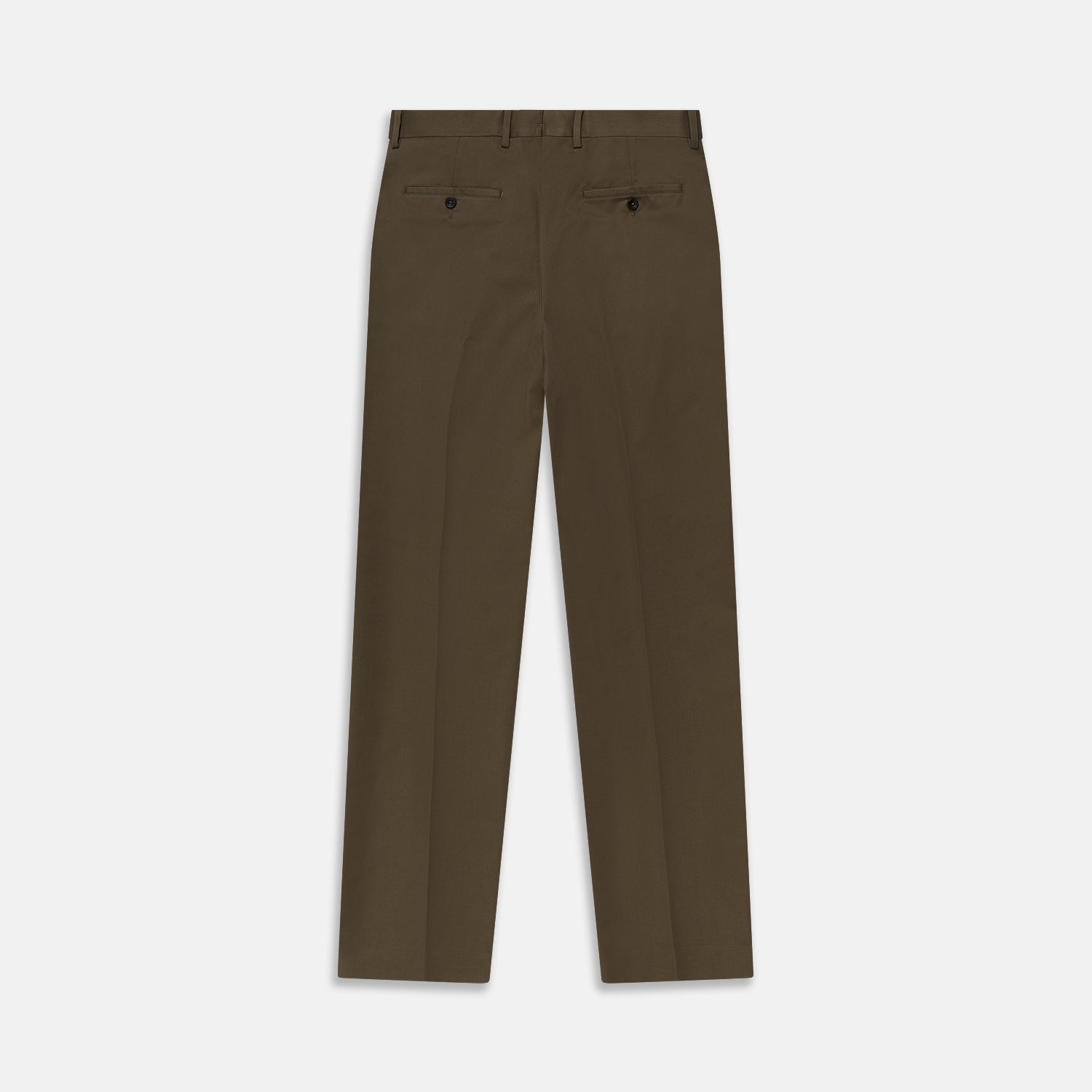 View 3 of product Close-up of the back of Turnbull & Asser's Khaki Green Cotton Twill Manson Trouser, featuring a single buttoned back pocket, belt loops, and fine stitching details—a menswear essential.