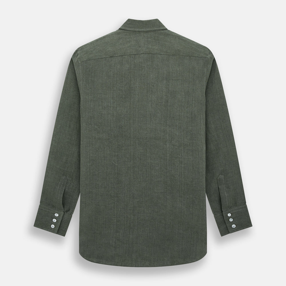 The Sage Linen Westminster Shirt by Turnbull & Asser features long sleeves, a button-up front with white buttons, a pointed Turnbull collar, and buttoned cuffs—crafted in Britain and shown here against a plain white background.