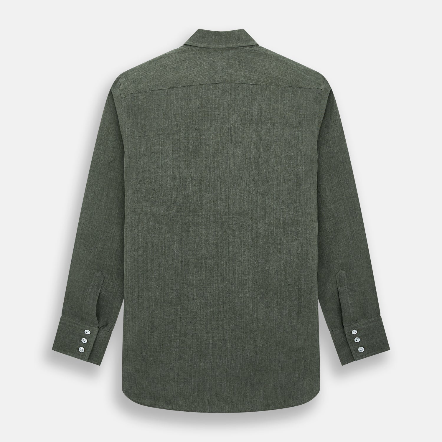 View 3 of product The Sage Linen Westminster Shirt by Turnbull & Asser features long sleeves, a button-up front with white buttons, a pointed Turnbull collar, and buttoned cuffs—crafted in Britain and shown here against a plain white background.