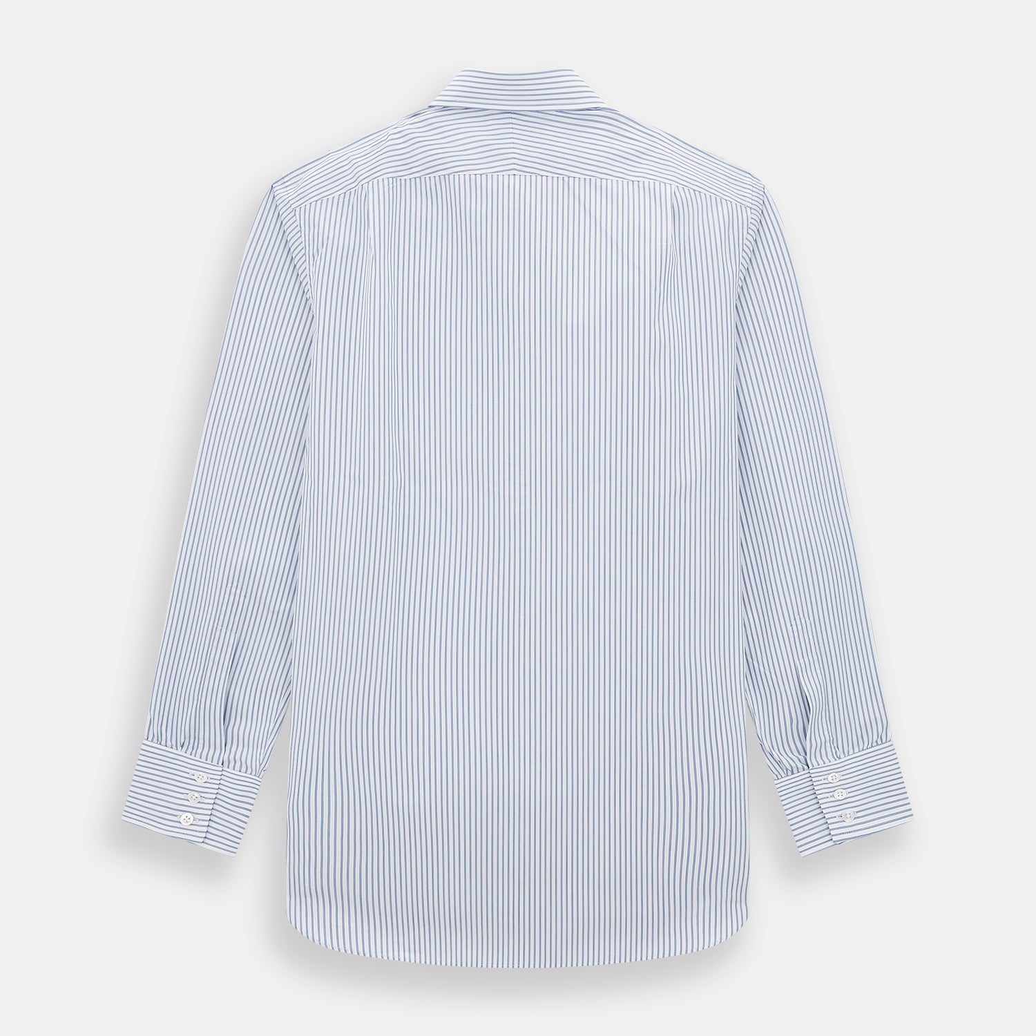 View 3 of product The Turnbull & Asser Navy Double Pinstripe Mayfair Shirt is a long-sleeve, button-up collared shirt with thin vertical blue and white stripes, shown against a plain white background.
