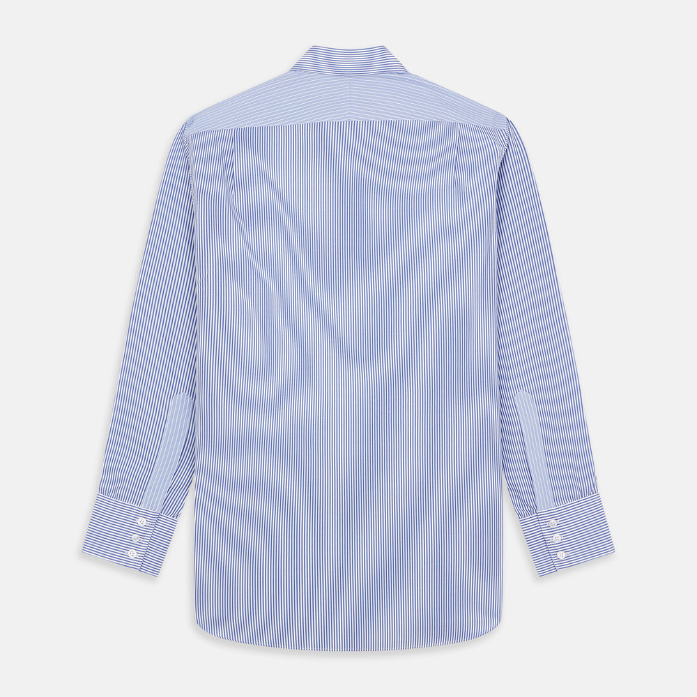 The Turnbull & Asser Blue and White Stripe Cotton RE-PURPOSE Mayfair Shirt, made with recycled fabrics, features long sleeves and a classic collar, and is shown flat against a white background.