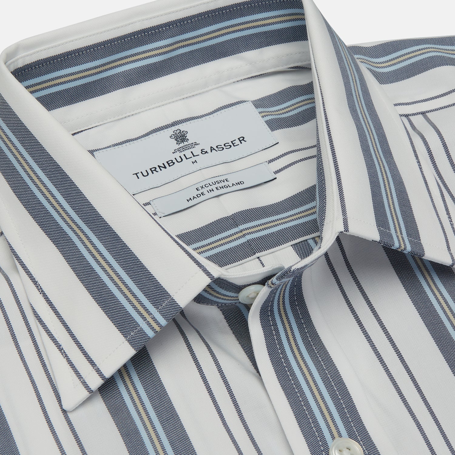 View 4 of product The Turnbull & Asser Blue, Green & White Stripe Weekend Fit Shirt features a Derby collar, 1-button cuffs, and a classic striped design—ideal for winter layering. Displayed on a plain white background.