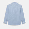 View 3 of product The Steel Blue Ticking Stripe Westminster Shirt by Turnbull & Asser features a classic fit, Turnbull collar, vertical stripes, white buttons, and buttoned cuffs—showcasing refined British craftsmanship.