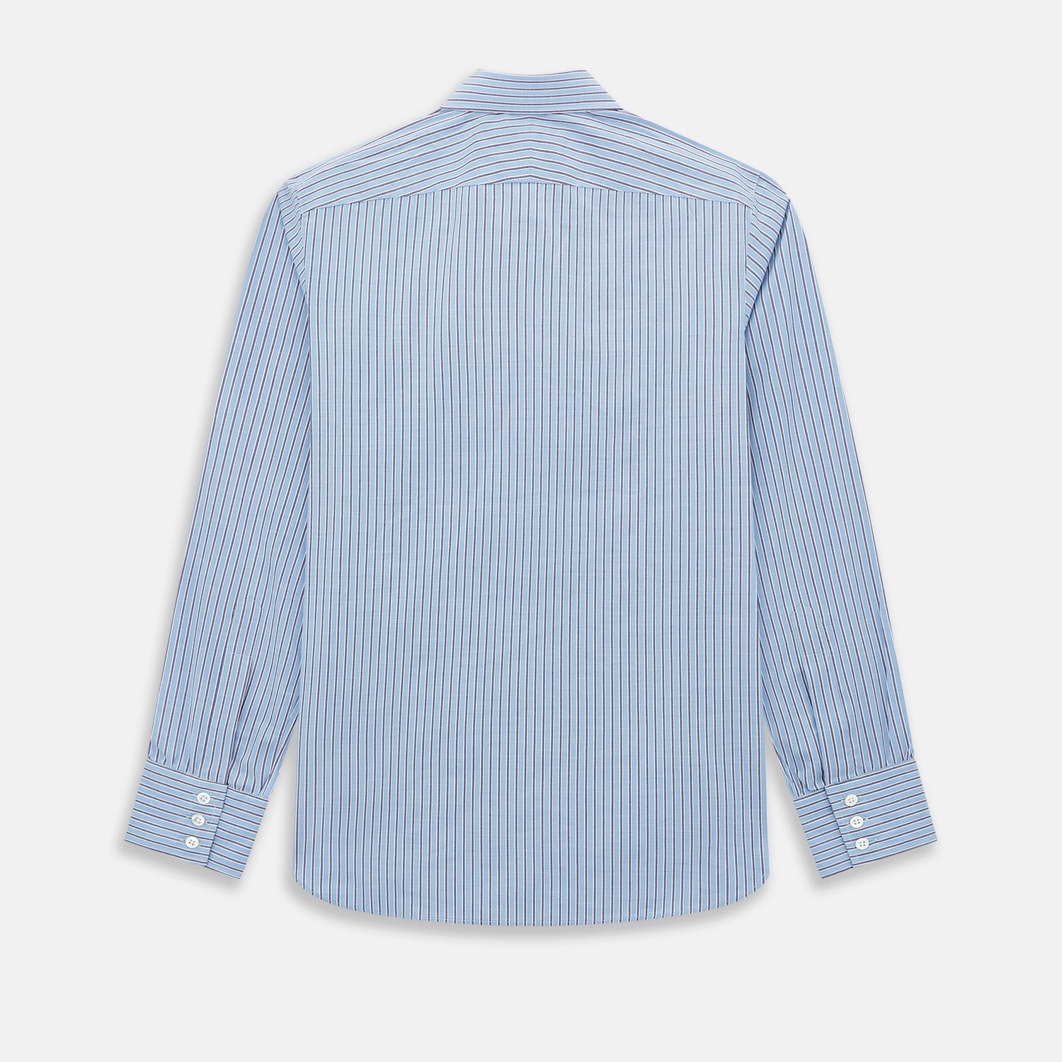 View 3 of product The Steel Blue Ticking Stripe Westminster Shirt by Turnbull & Asser features a classic fit, Turnbull collar, vertical stripes, white buttons, and buttoned cuffs—showcasing refined British craftsmanship.
