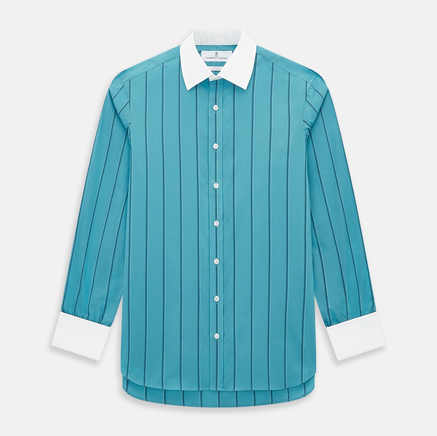 View 1 of product The Turnbull & Asser Turquoise Track Stripe Shirt features a Mayfair fit, contrast white T&A collar and double cuffs, black vertical stripes, and long sleeves, displayed flat on a light background.